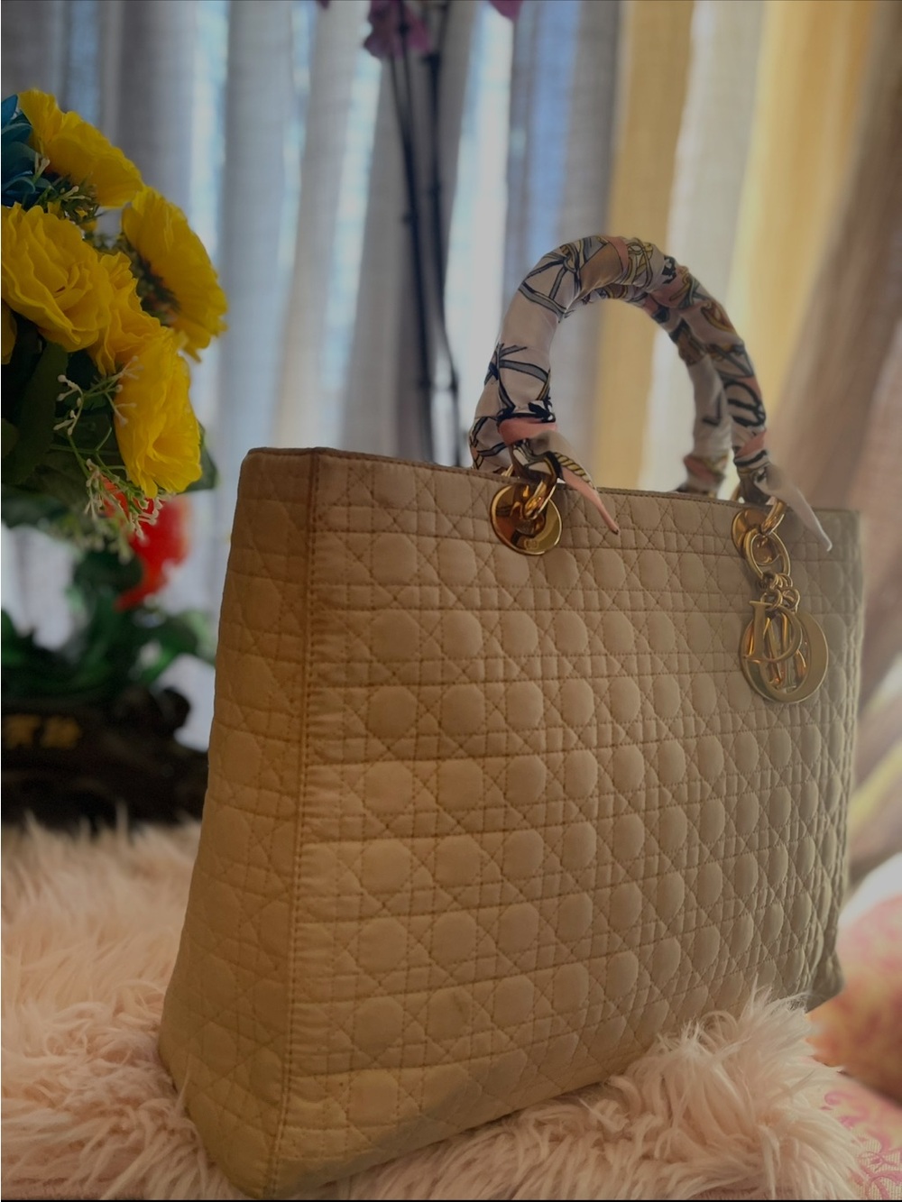 Dior Beige Quilted Tote with Gold Charms and Patterned Handle Wrap - Picture 3 of 10